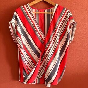 W5 Women’s Red, White & Grey Striped Faux-Wrap Blouse Size Large